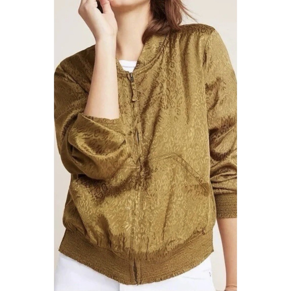 Maeve Anthropologie leopard‎ printed bomber jacket Women's Large Olive Green
